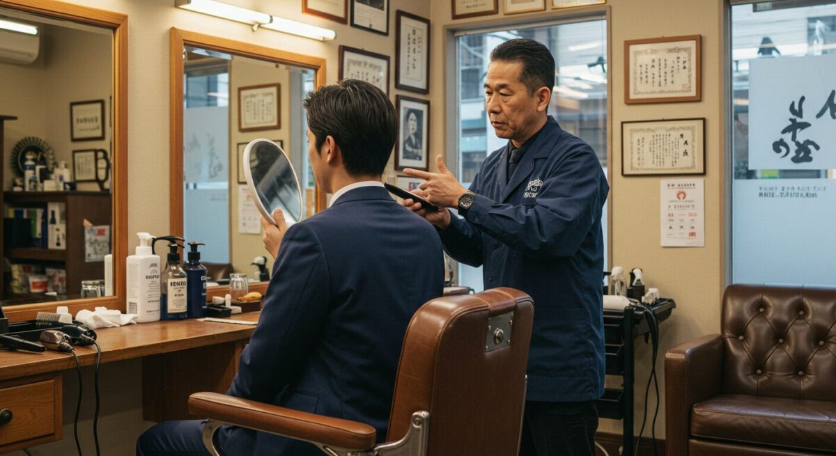 理髪店で自分の髪型を確認している男性のイメージ。
