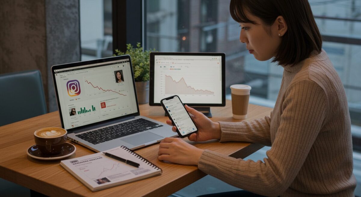 インスタでシャドウバンを受けているのではないかと確認している女性のイメージ